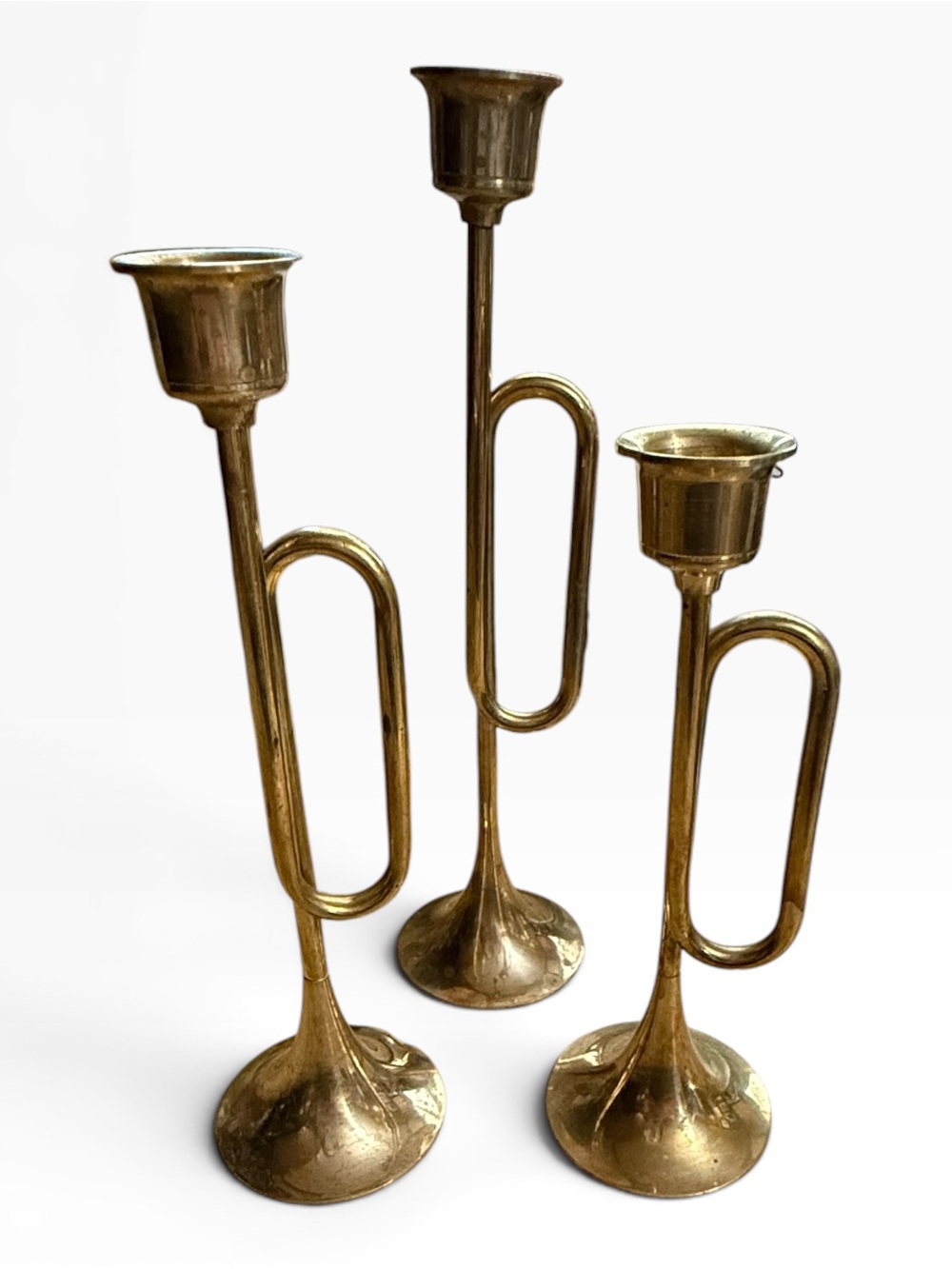 Vintage Set of 3 Graduated Brass Bugle/Trumpet Candle Holders